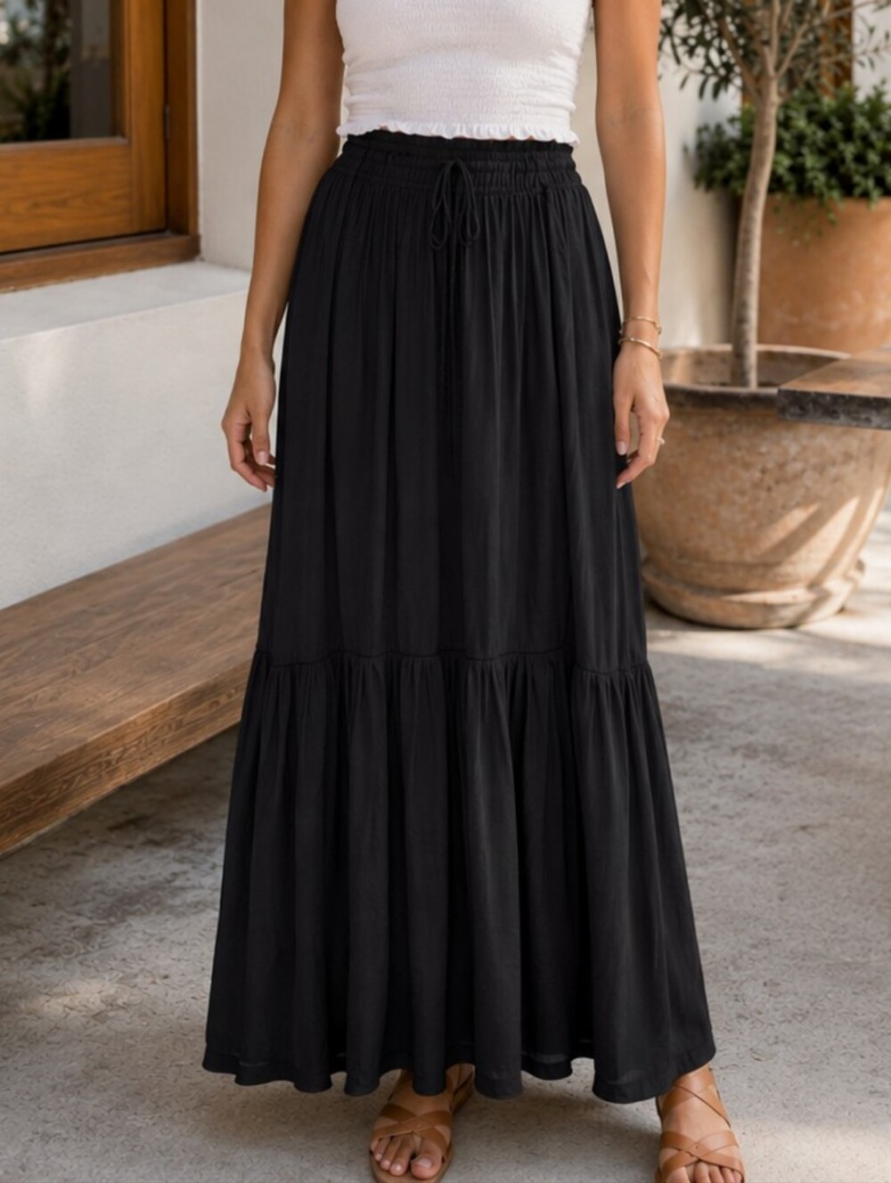 Maison d’Amelie Smocked Waist Tiered Maxi Skirt Size M
